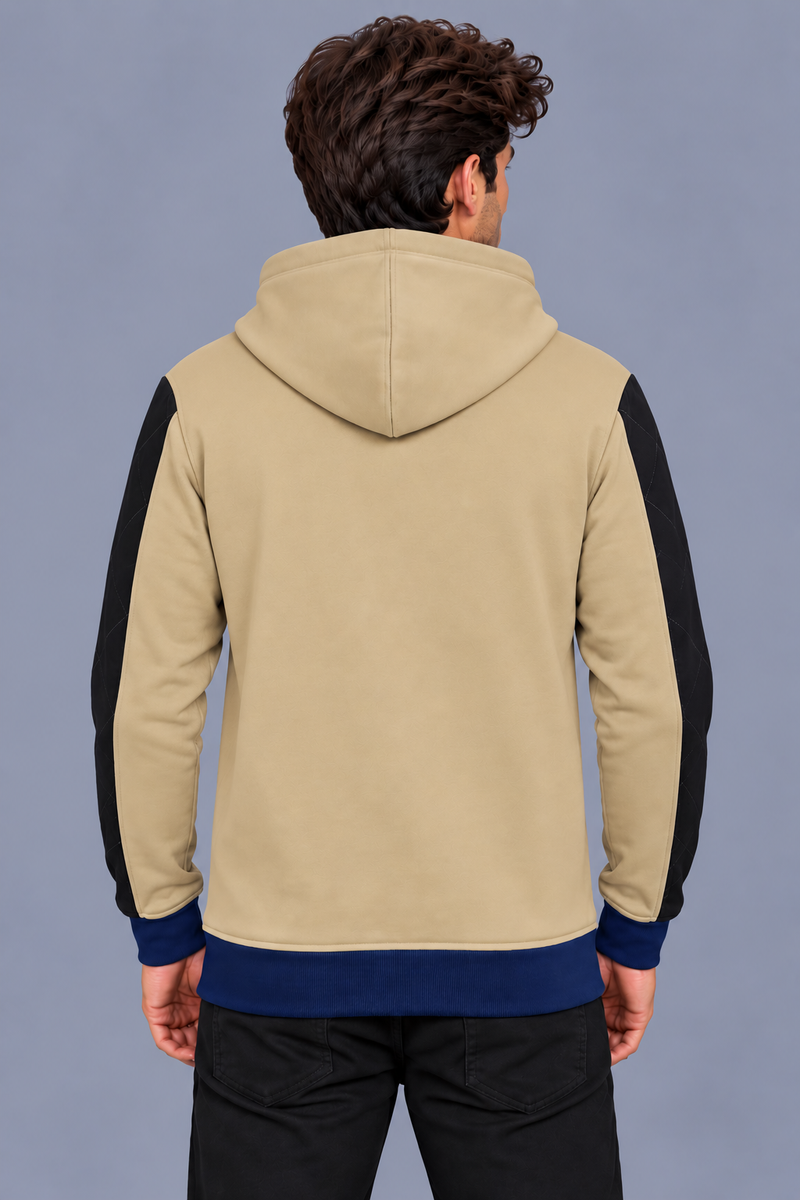 Premium Beige Color Block Quilted Zip-Up Hoodie Jacket-Sand Beige-MU32