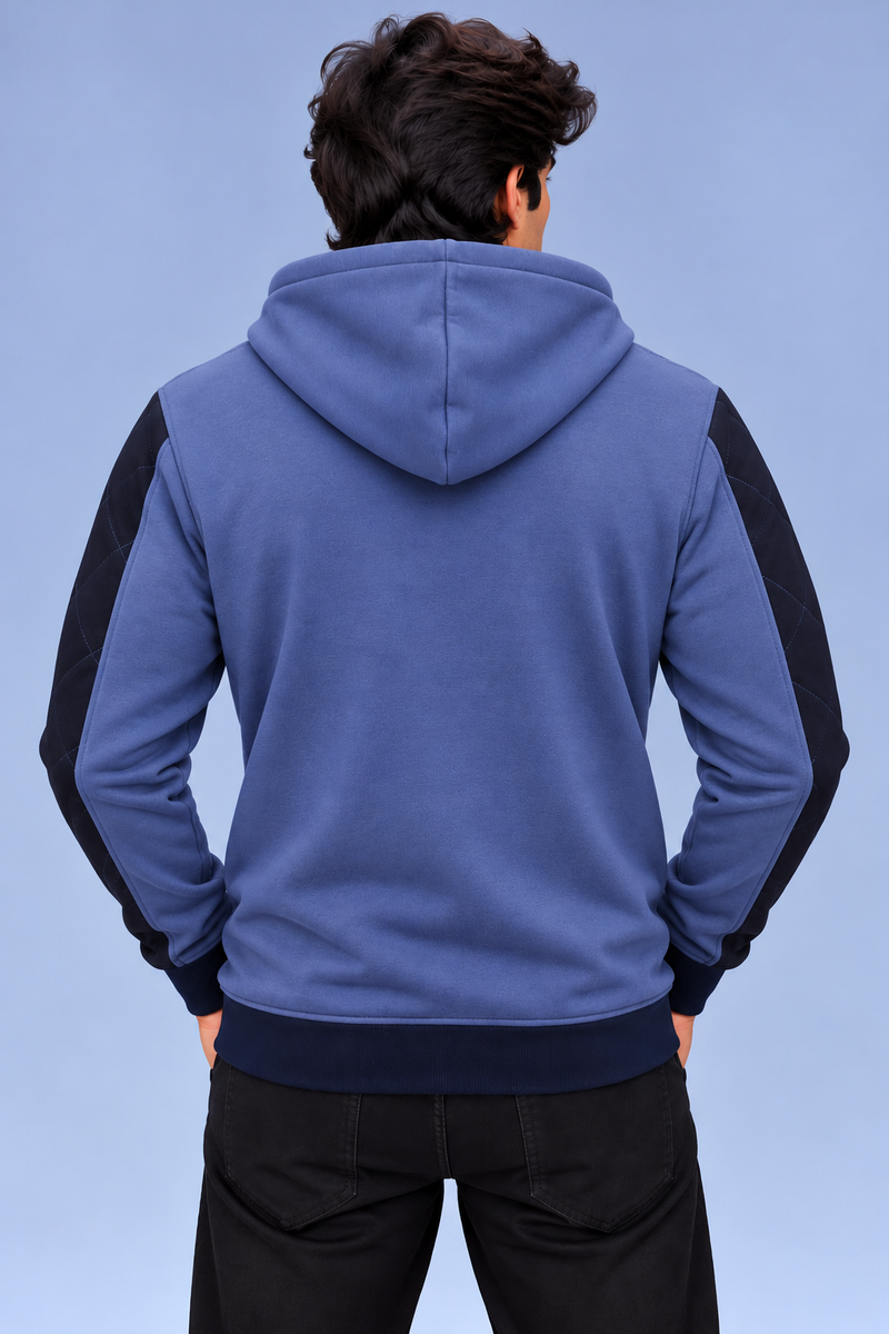 Men’s Stylish Zip-Up Hoodie – Dusty Blue with Black Quilted Sleeve Panels-MU297