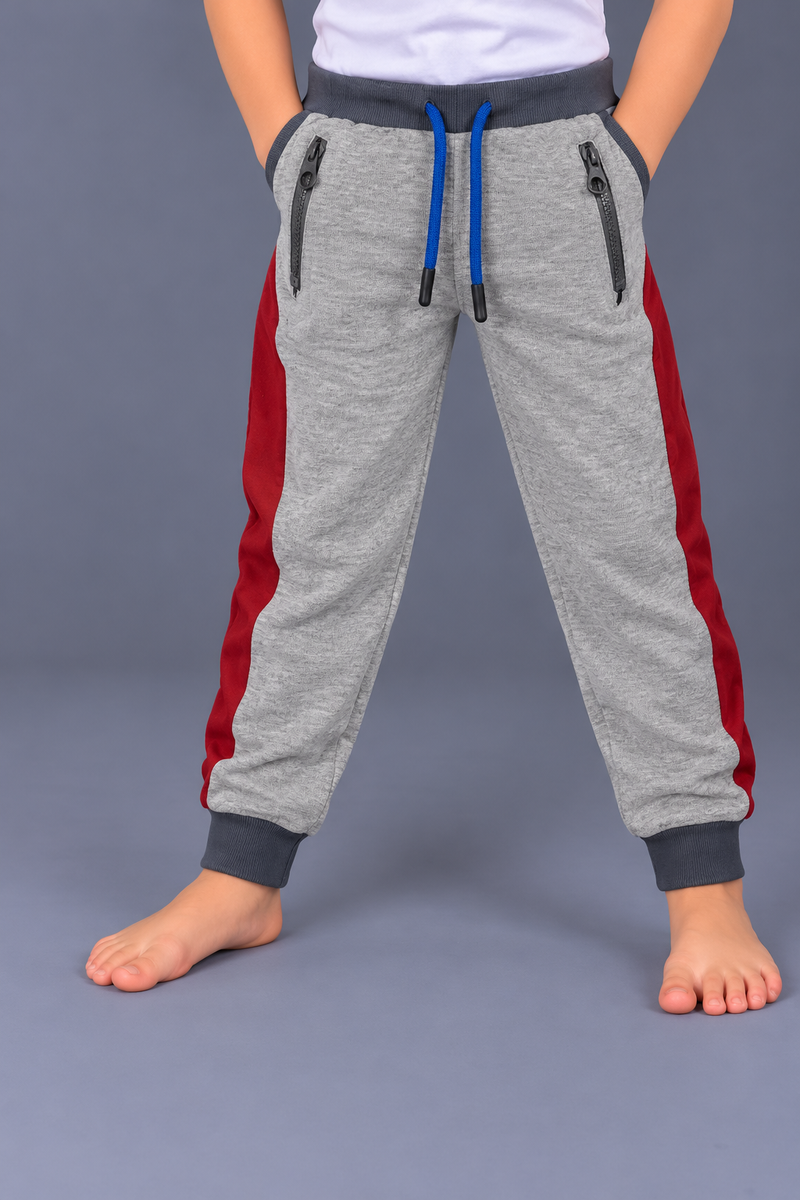 Kids Light Grey Melange Jogger Trouser with Maroon Side Panels & Blue Drawstring-MU228