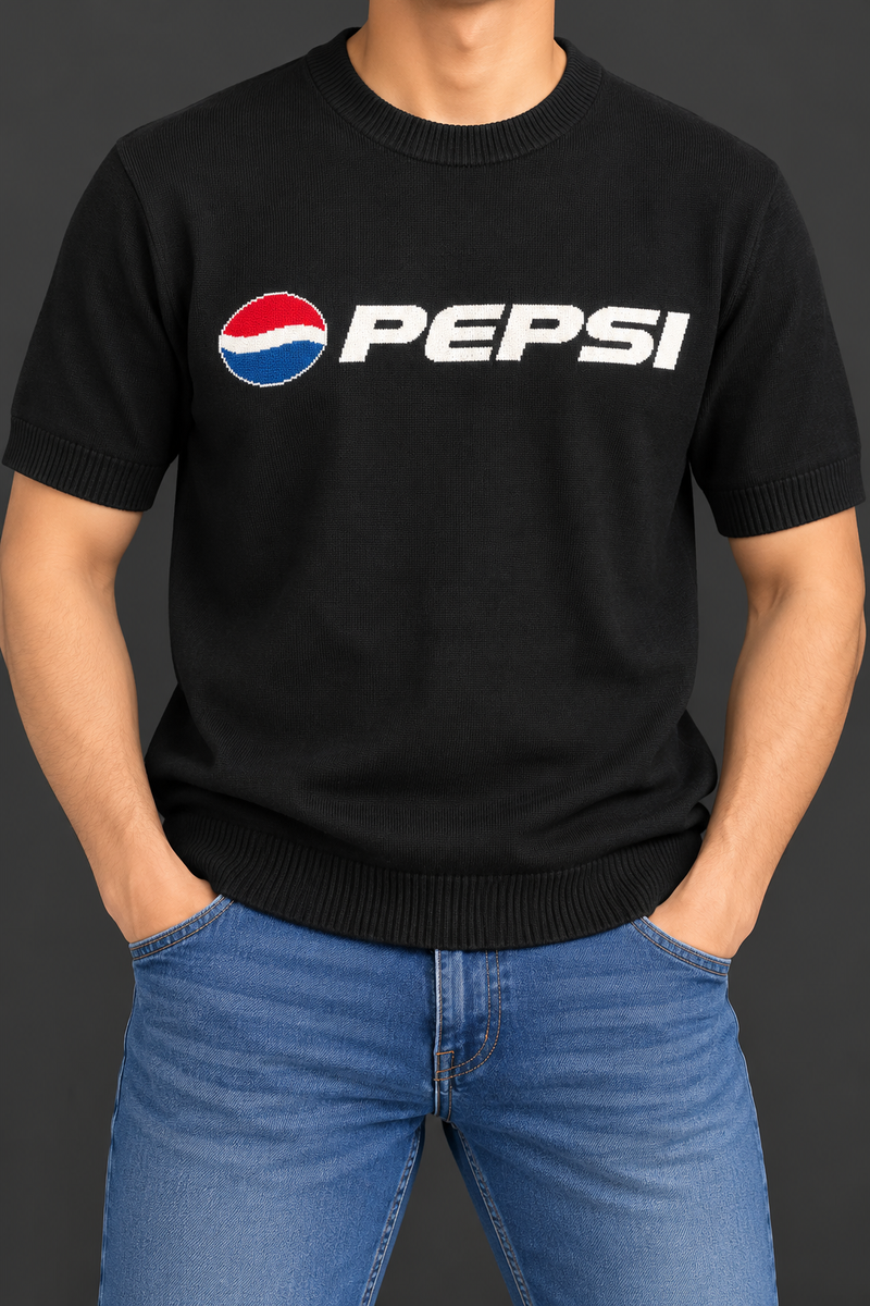 Men’s Black Pepsi Logo Knit T-Shirt – Short Sleeve Crew Neck Top-MU409