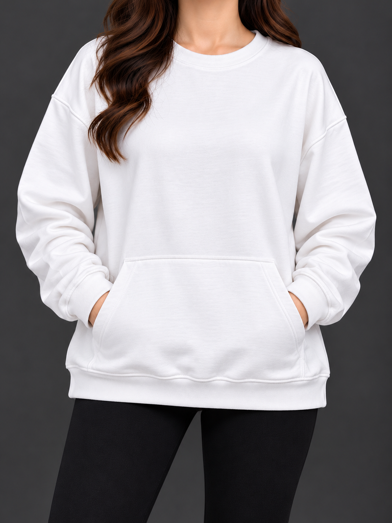 Women’s White Crew Neck Sweatshirt – Long Back Hem with Kangaroo Pocket-MU461