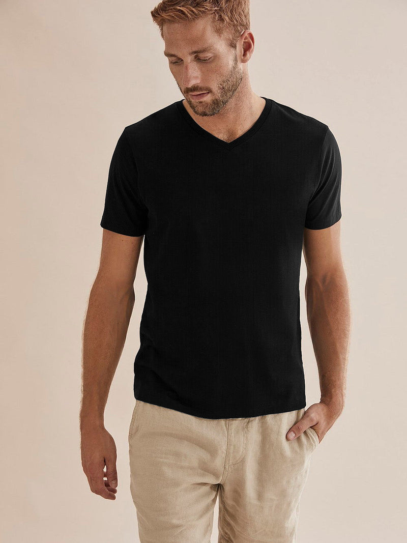 NXT Rib V Neck Short Sleeve Shirt For Men-Black-BR1099