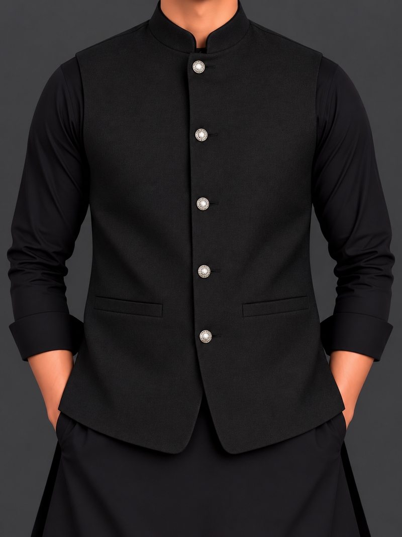Men’s Premium Black Waistcoat with Classic Stand Collar-M$06