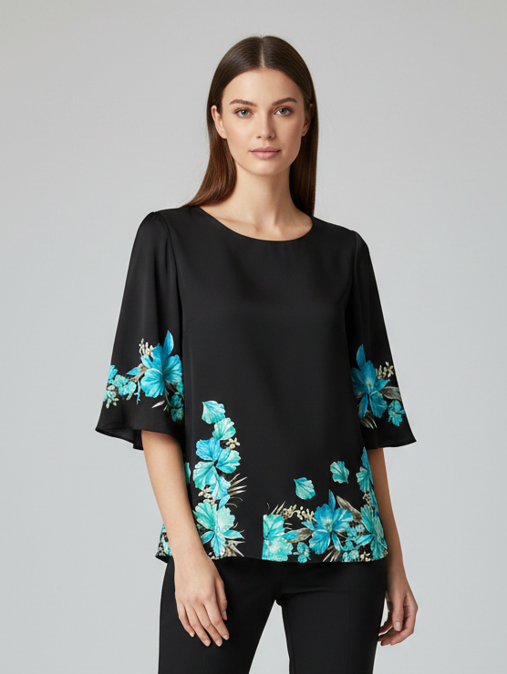 Louis Vicaci Butterfly Sleeve 4 Sided Lycra Top For Ladies-Black-RT2008
