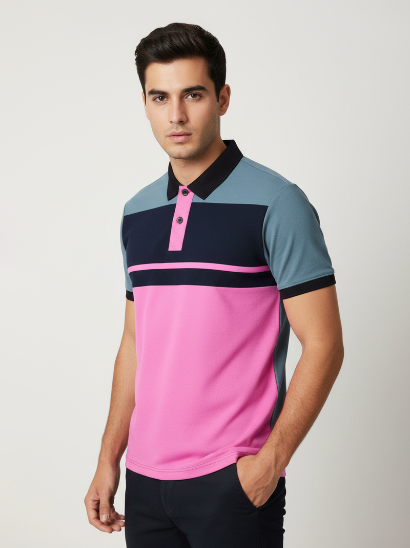 Summer Polo Shirt For Men-Bond Blue with Navy & Pink Panel-BR13123