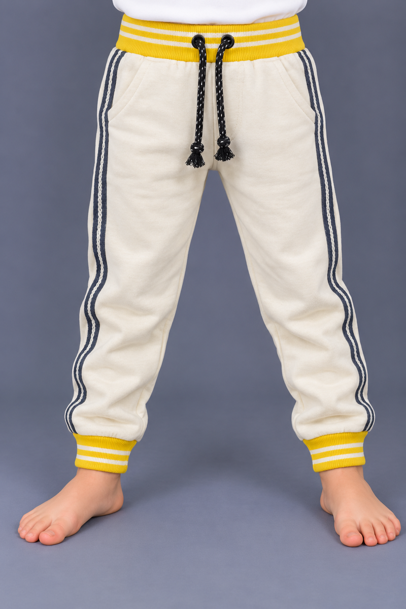Kids Cream Jogger Trouser with Yellow Striped Cuffs & Navy Side Stripes-MU252