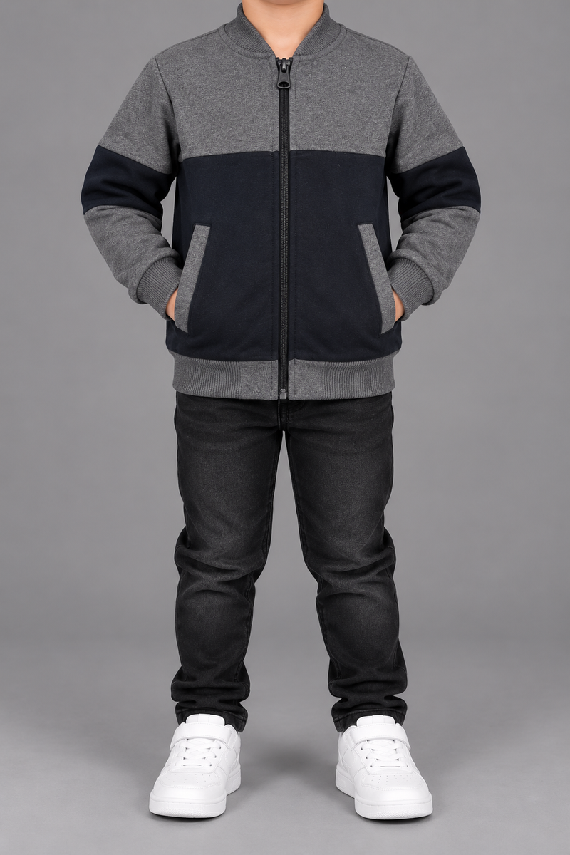 Kids Boys Black & Charcoal Grey Color Block Zipper Jacket-MU425
