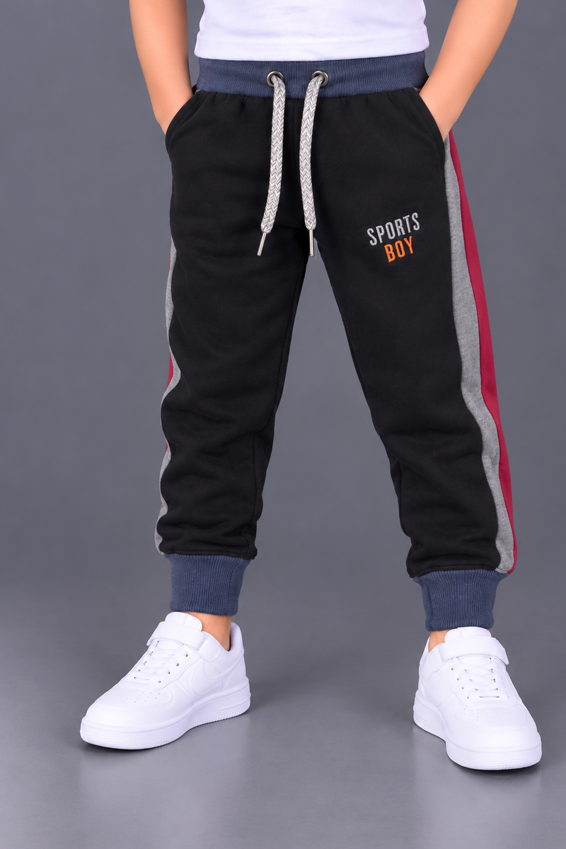 Boys Black & Navy Color Block Fleece Jogger Trousers with Side Panels-MU280