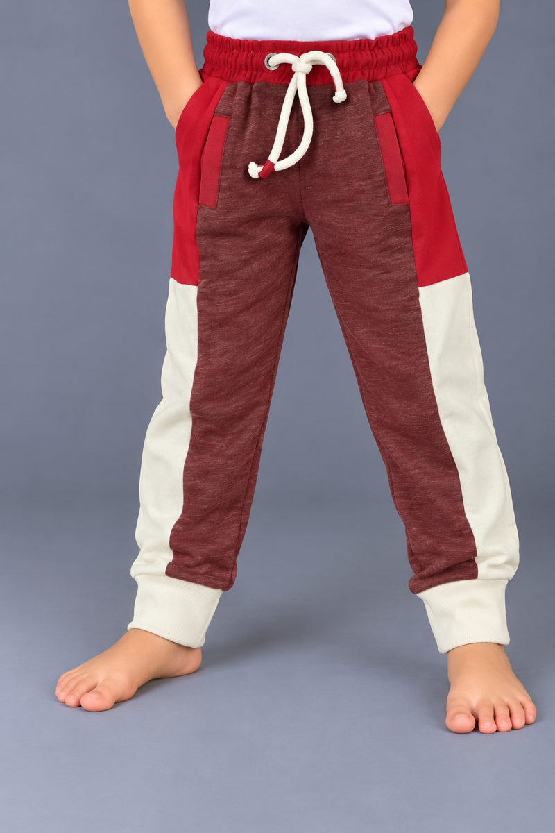 Kids Maroon & Red Color Block Jogger Trouser – Cream Side Panels & Cuffs-MU216