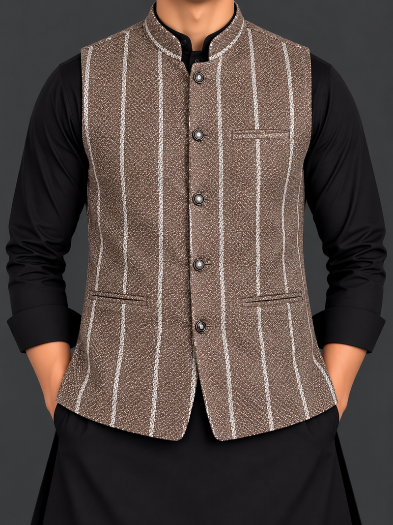 Men’s Premium Brown Striped Waistcoat – Mandarin Collar Formal Vest-M$02