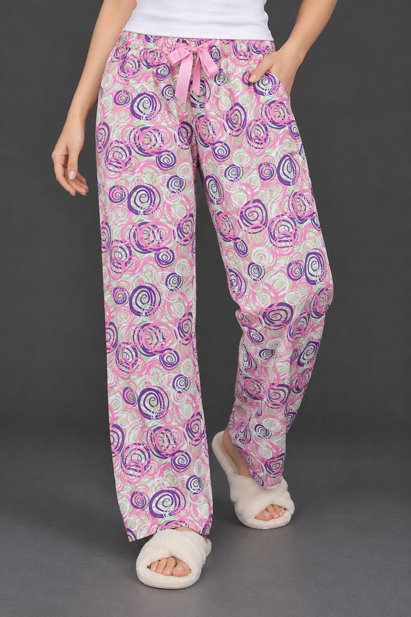 Women’s Printed Lounge Pants – Pink & Purple Floral Swirl Design-MU418