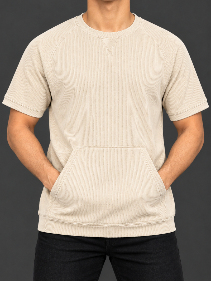 Men’s Cream Beige Ribbed Short Sleeve Sweatshirt – Crew Neck with Kangaroo Pocket-MU459