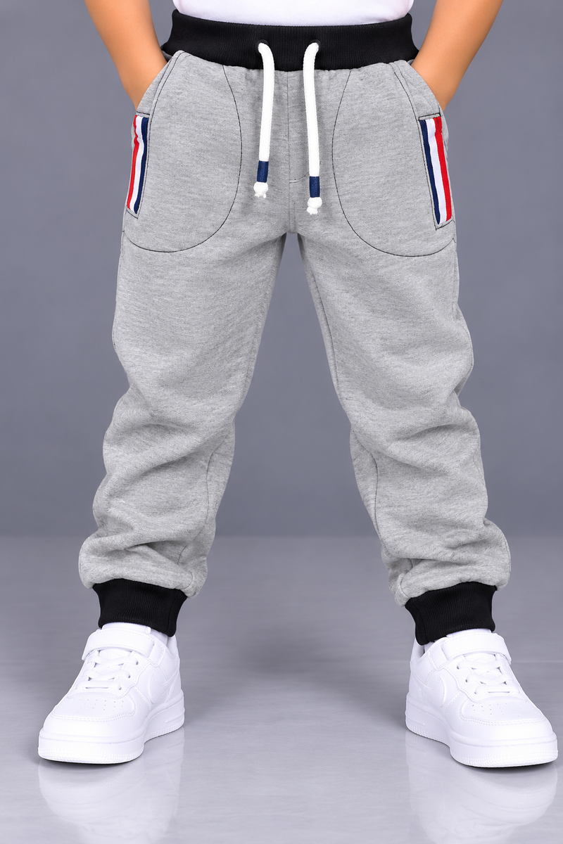 Kids Stylish Light Grey Jogger Trouser with Black Waistband & Red-White-Blue Pocket Stripes-MU124