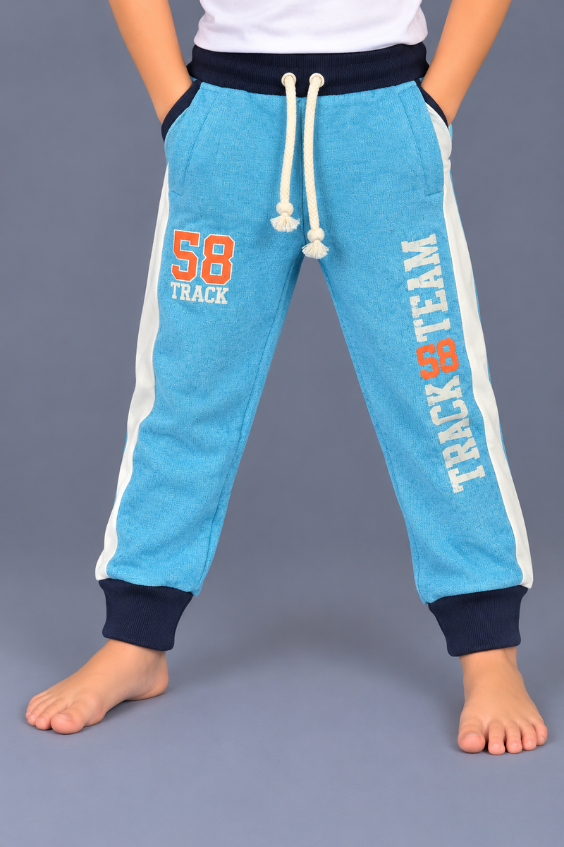 Kids Sky Blue Jogger Trouser with Navy Cuffs & White Side Panels – 58 Track Print-MU234