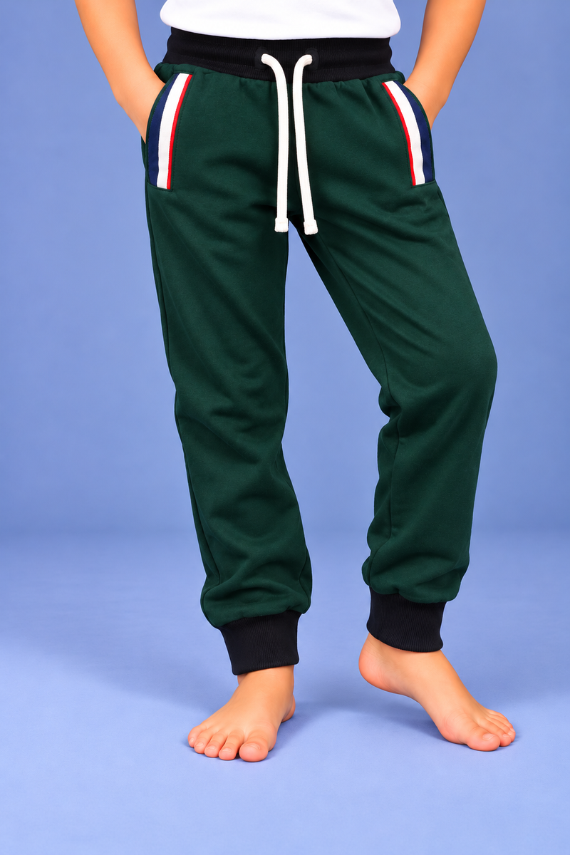 Kids Premium Forest Green Jogger Trouser with Pocket Stripe Panels-MU95