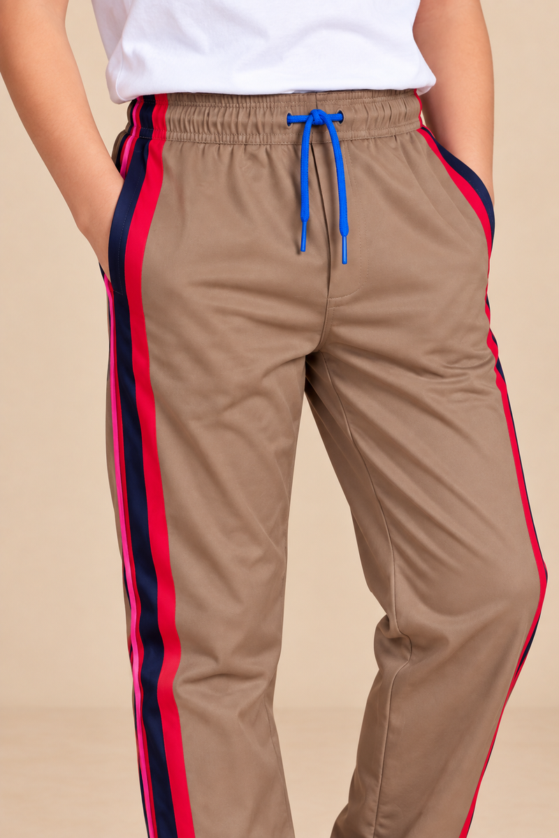 Premium Kids single jersey Trousers light chocolate with ,Side Stripe p104