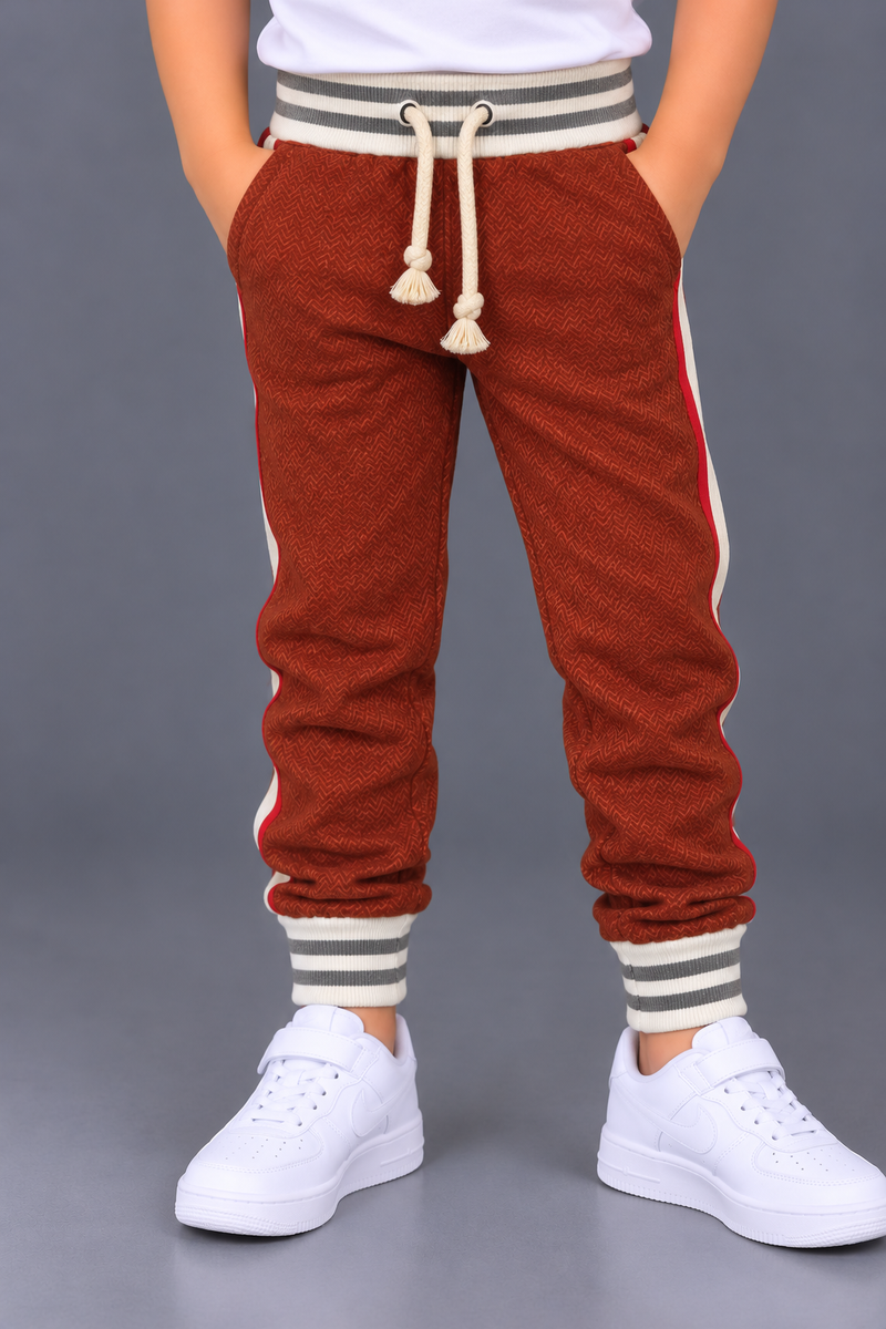 Kids Fleece Rust Brown Side Panel Jogger Trouser with Striped Cuffs-MU272