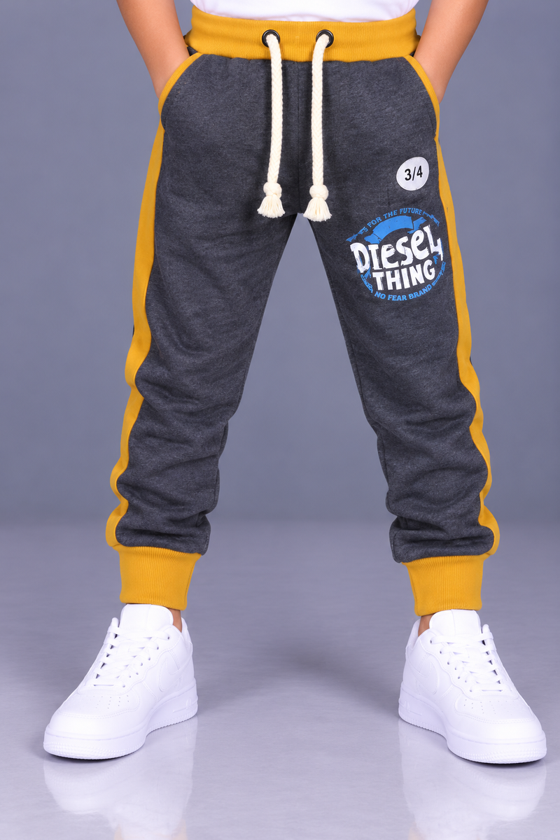 Kids’ Charcoal Grey Jogger Trouser with Mustard Yellow Side Panels – Diesel Thing Graphic Print & Ribbed Cuffs-MU142