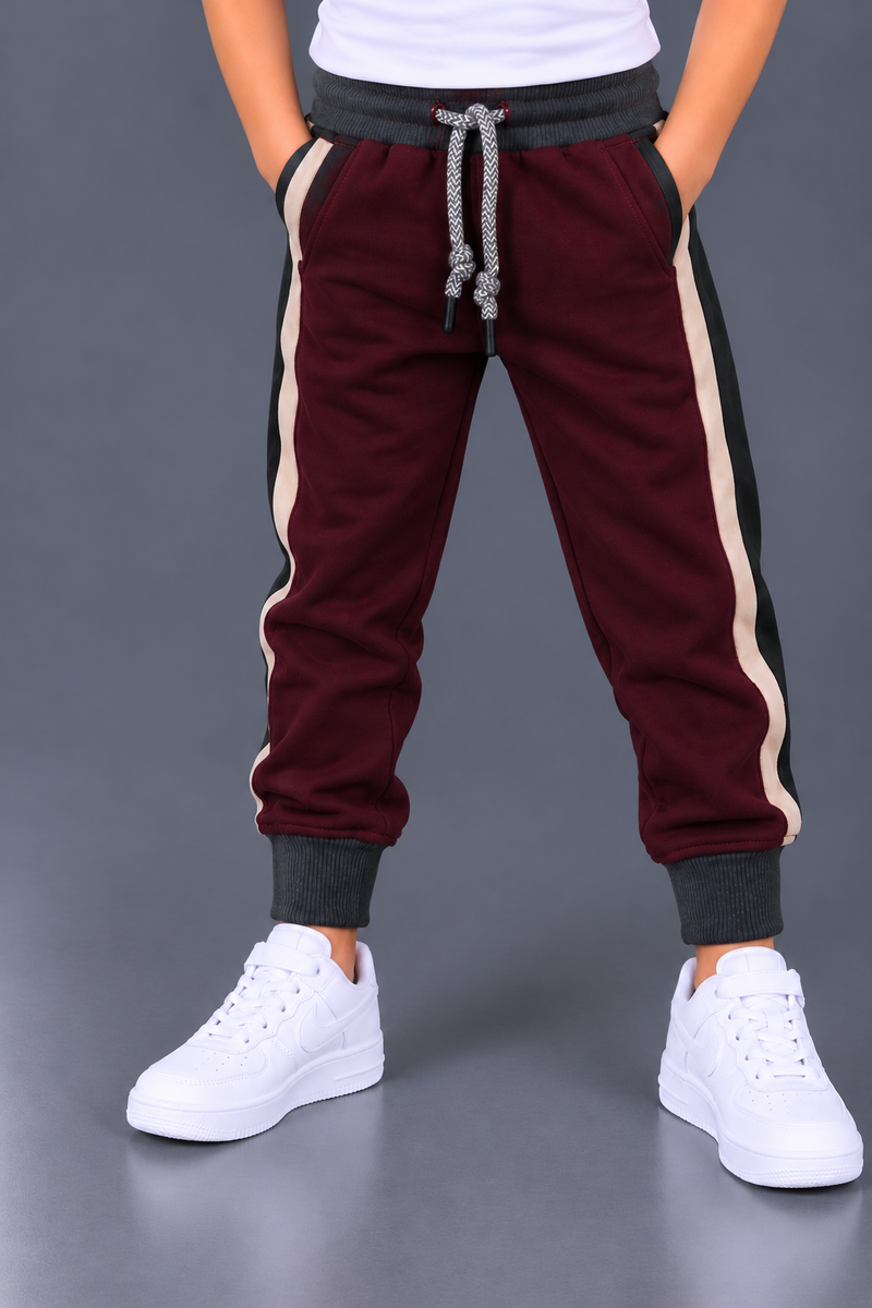 Kids Dark Maroon Fleece Jogger Trouser with Cream & Black Side Panels-MU289