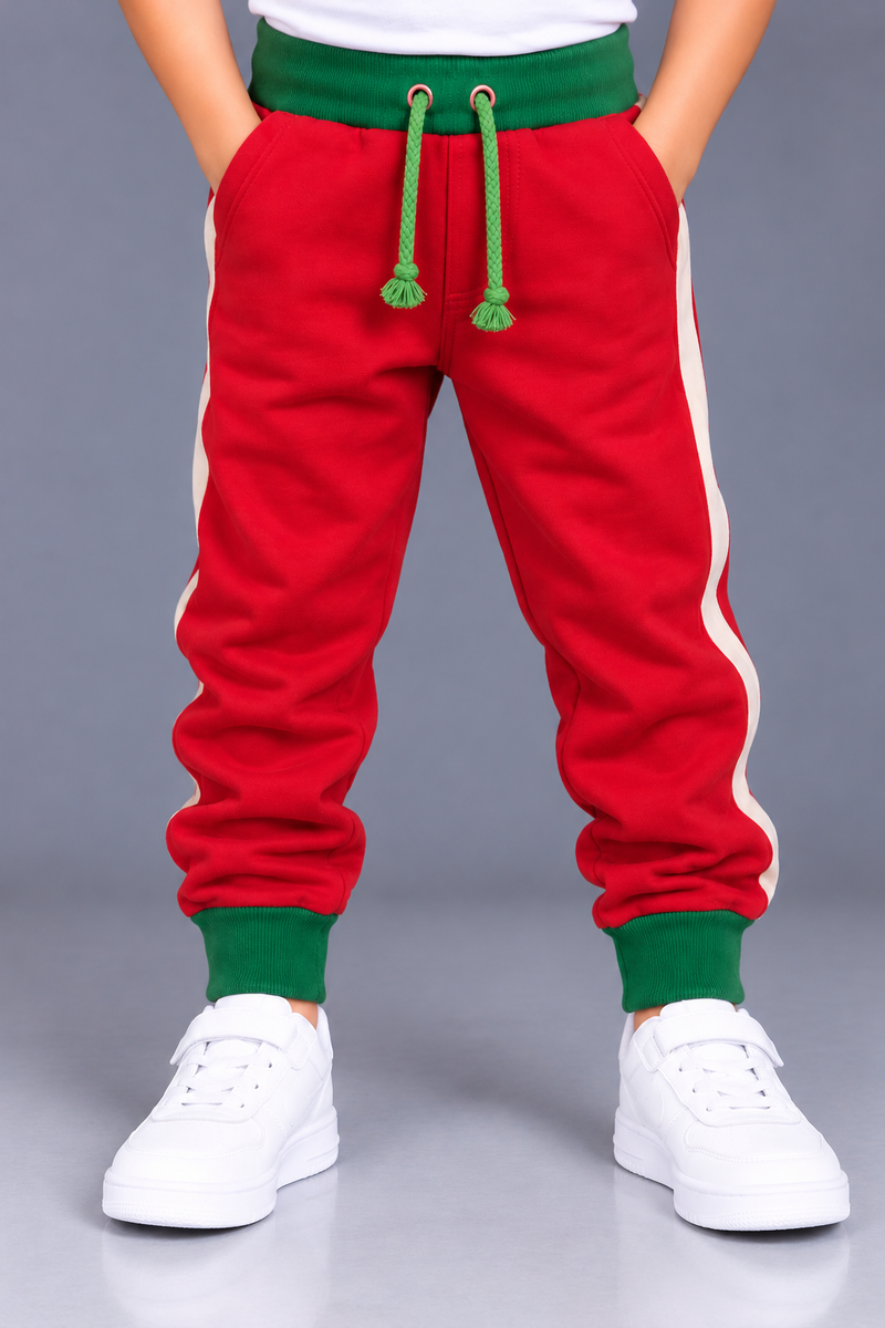 Kids Red Jogger Trouser with Green Waistband & Matching Drawstring-MU116