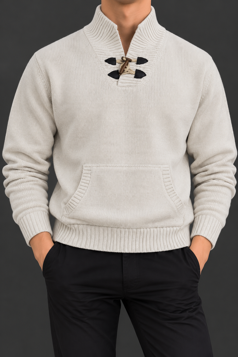 Men’s Cream Knit Pullover Sweater with Toggle Closure & Kangaroo Pocket – Winter Wear-MU385