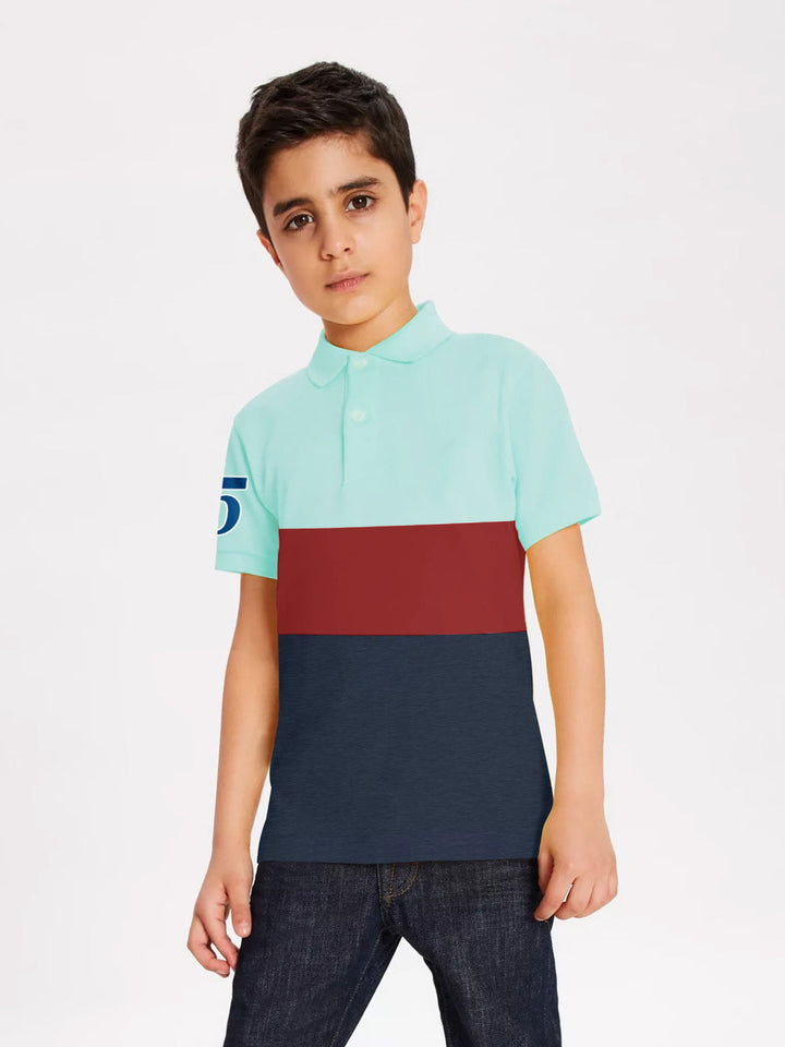 Champion Single Jersey Polo Shirt For Kids-Light Sea Green & Red with Navy Melange Panels-RT2402