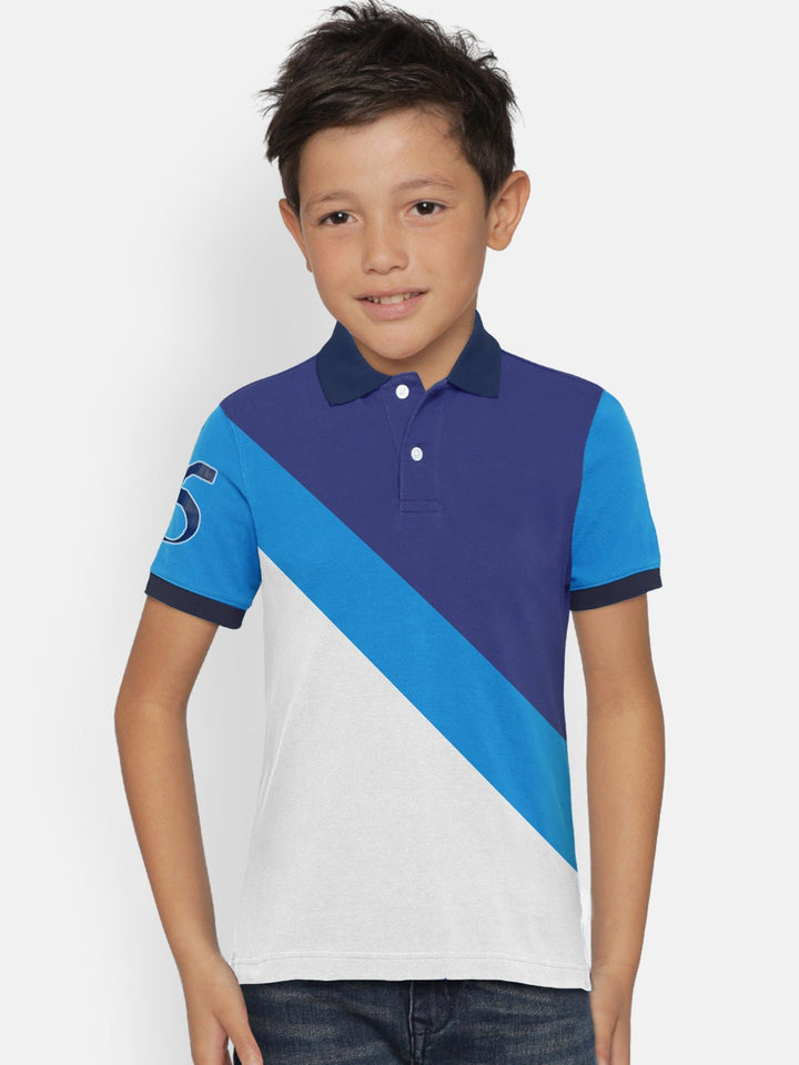 Champion Single Jersey Polo Shirt For Kids-White with Blue & Navy Panels-RT2409