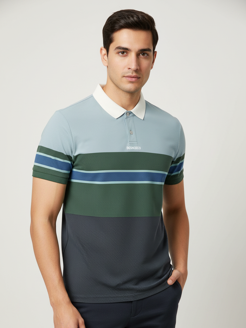 DCSH P.Q Half Sleeve Polo For Men-Navy & Green with Sky-RT2387