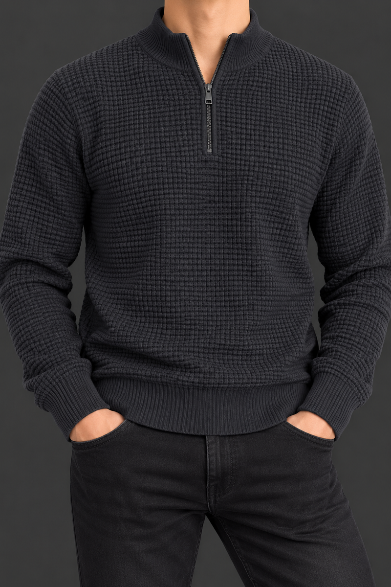 Men’s Charcoal Black Waffle Knit Half-Zip Sweater – Full Sleeve Winter Pullover-MU394