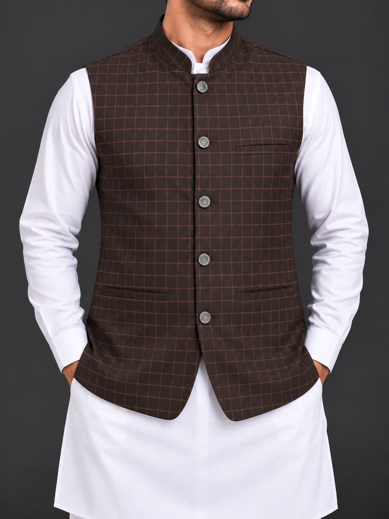 Men’s Premium Dark Brown Checkered Waistcoat – Classic Traditional Style-M$23