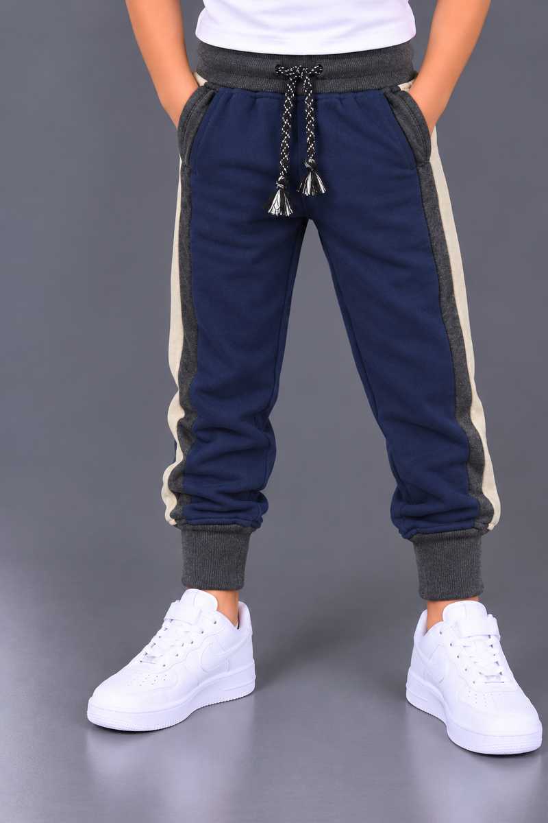 Kids Royal Blue & Grey Contrast Panel Fleece Jogger Trouser-MU290