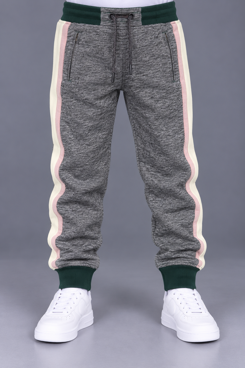 Kids’ Heather Grey Jogger Trouser with Dark Green, Cream & Light Pink Side Panels – Regular Fit-MU165