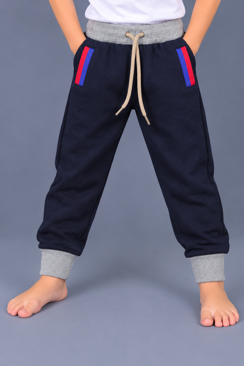 Kids Navy Blue Jogger Trouser with Grey Ribbed Cuffs & Red-Blue Pocket Stripes-MU236