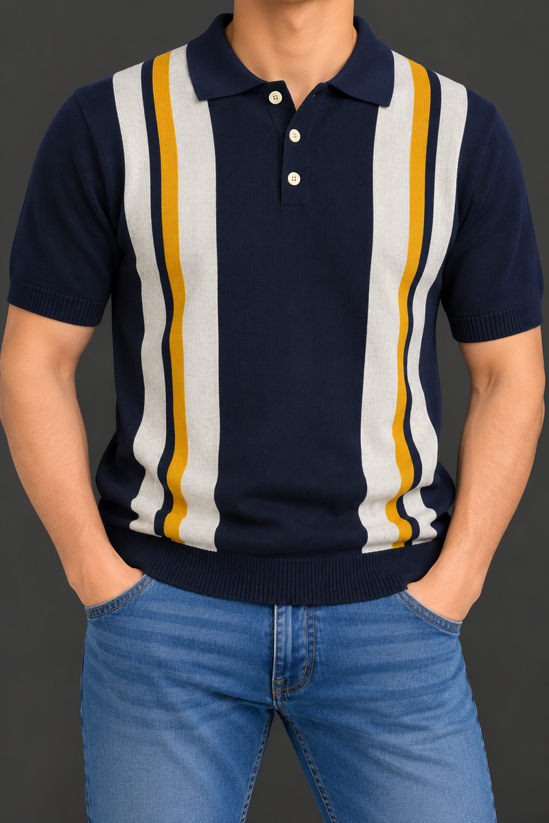 Men’s Navy Blue Striped Knit Polo Shirt – Mustard & Cream Contrast Design-MU410