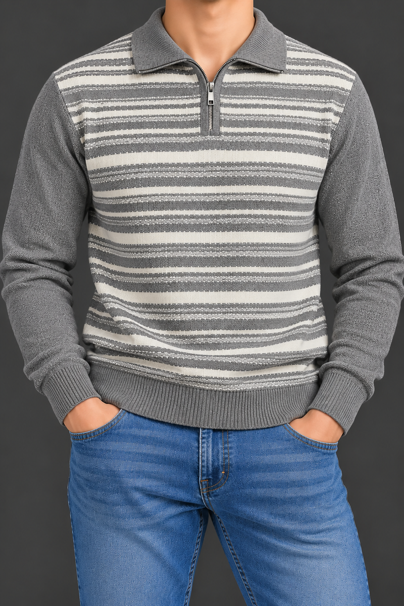 Men’s Winter Striped Knit Sweater with Zip Neck & Solid Grey Sleeves-MU407