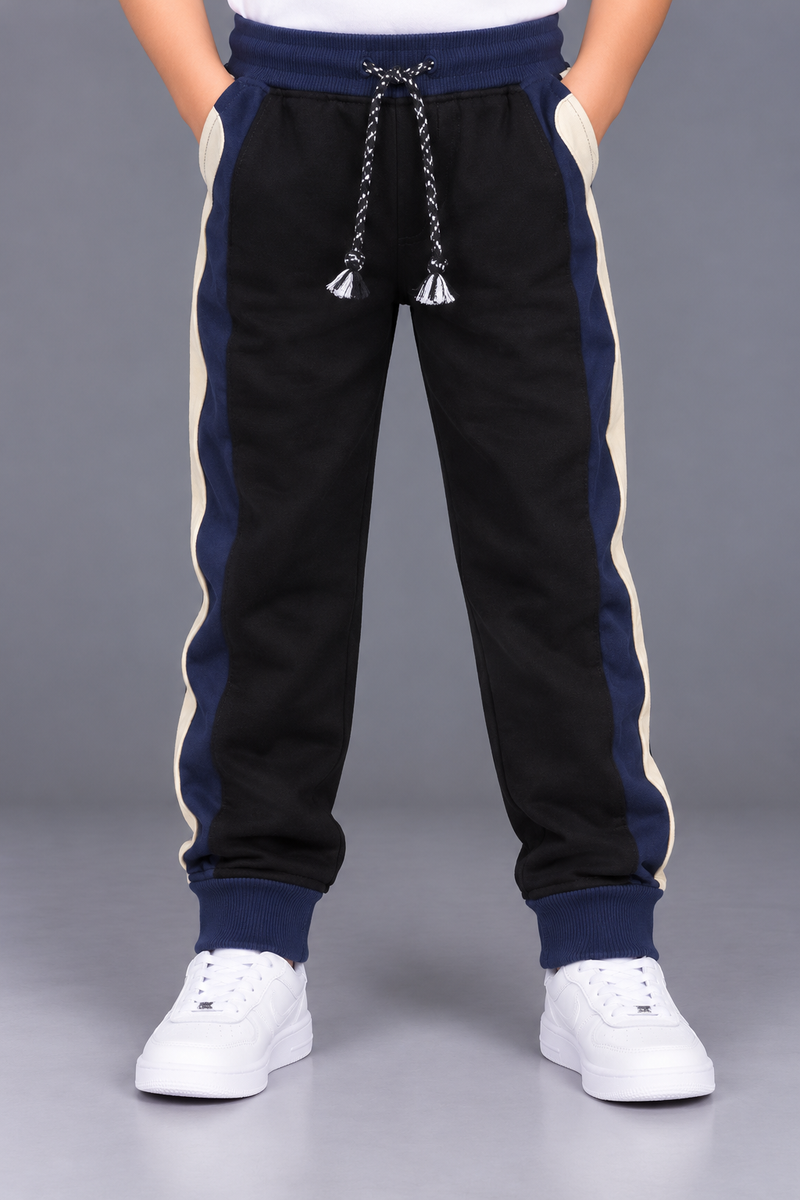Kids’ Black Jogger Trouser with Navy Blue & Cream Side Panels – Regular Fit-MU160