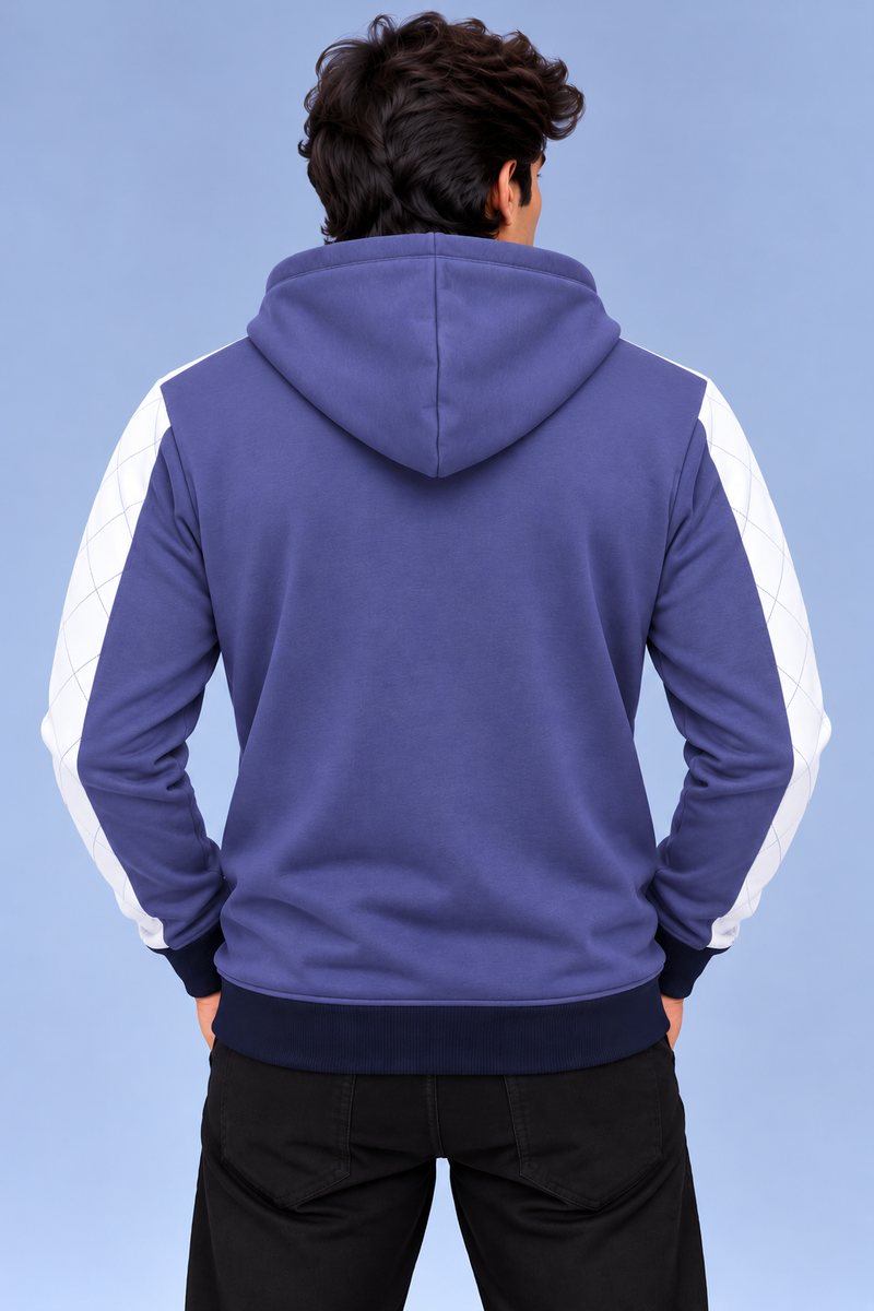 Men’s Stylish Zip-Up Hoodie with Contrast Sleeve Panels – Blue & White-MU296