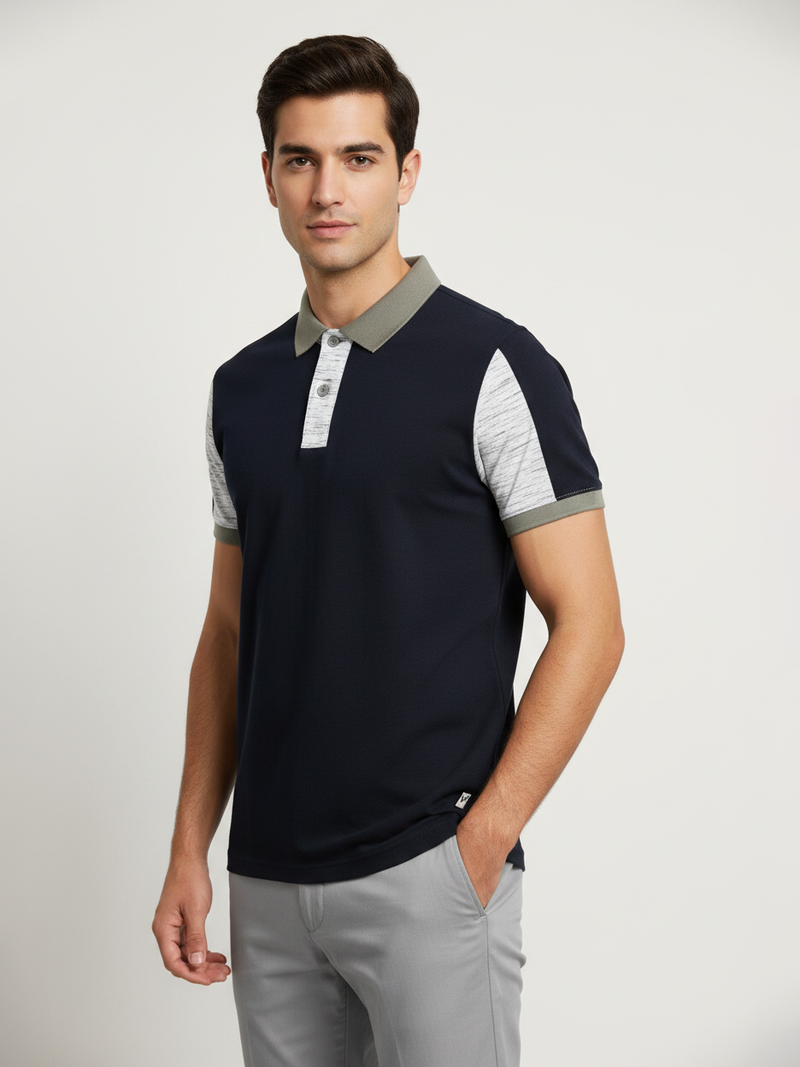 Summer Polo Shirt For Men-Dark Navy & White Melange-BR13106