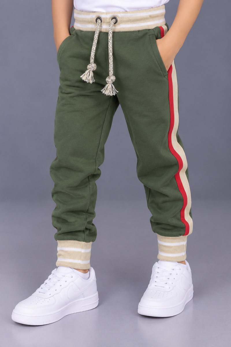 Kids’ Olive Green Jogger Trouser with Red & Cream Side Stripes – Striped Ribbed Cuffs-MU172