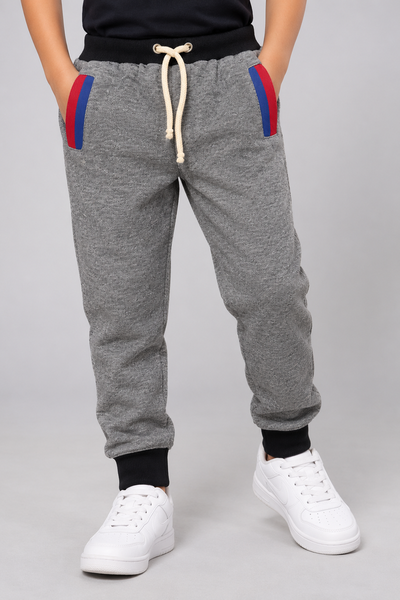 Kids Grey Fleece Jogger Trouser with Contrast Pocket Stripes-Heather Grey-MU69