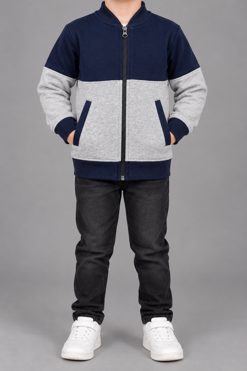 Kids Boys Two-Tone Navy & Grey Zipper Jacket-MU422