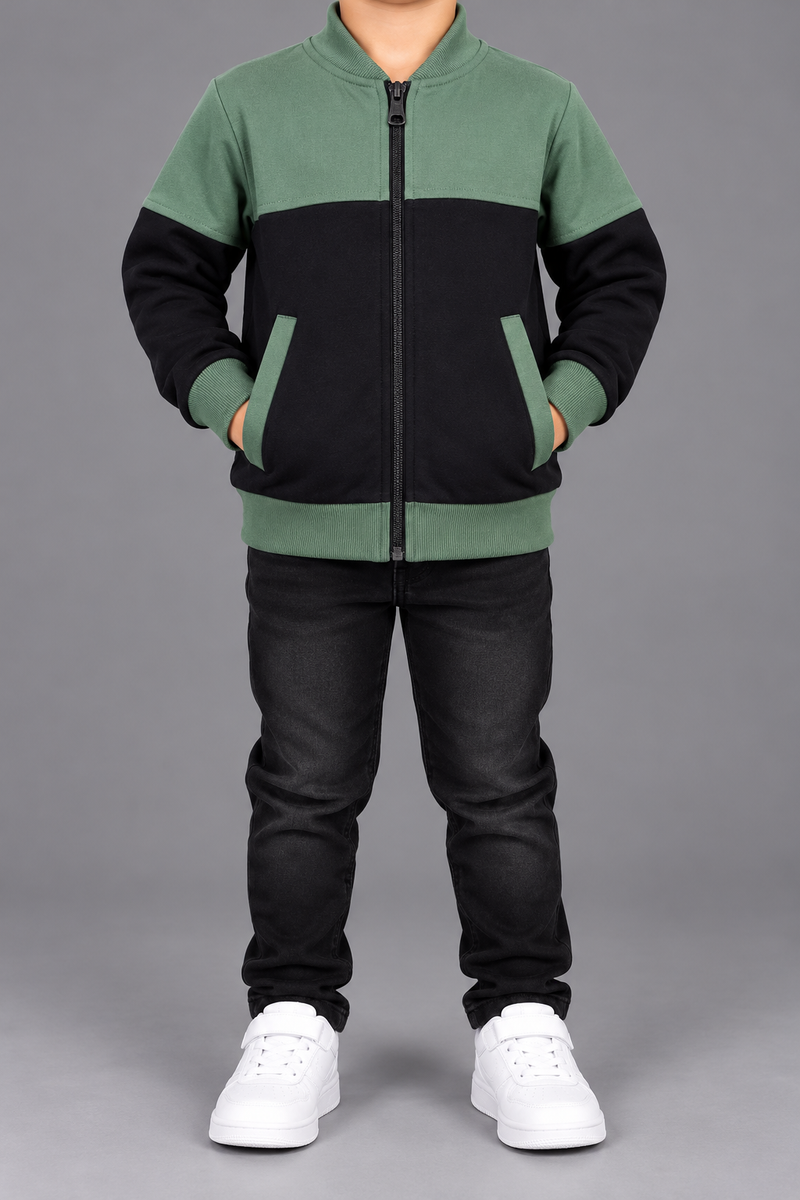 Kids Boys Olive Green & Black Color Block Zipper Jacket-MU427