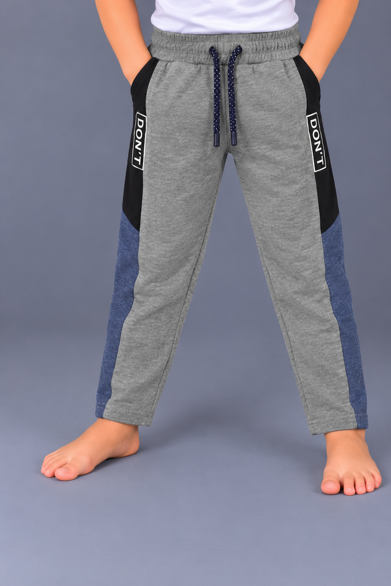 Kids Grey Melange Color Block Jogger Trouser – Blue & Black Side Panels-MU225