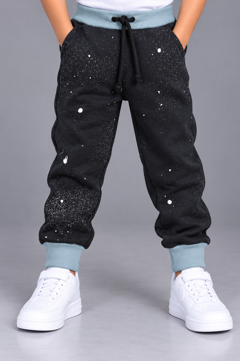 Kids Stylish Black Splatter Print Jogger Trouser with Light Blue-Grey Waistband & Cuffs-MU127