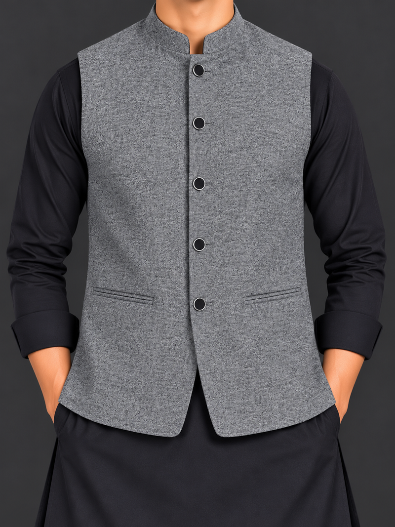Men’s Premium Textured Grey Waistcoat – Classic Straight Collar Formal Vest-MU495