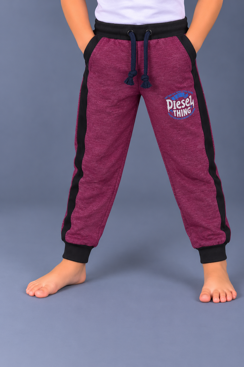 Kids Plum Maroon Jogger Trouser with Black Side Panels – Printed Design & Ribbed Cuffs-MU229