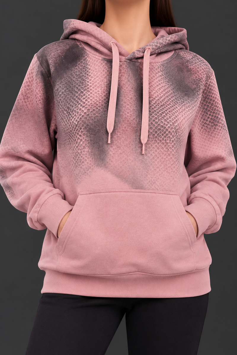 Ladies Dusty Pink Printed Fleece Hoodie-MU450