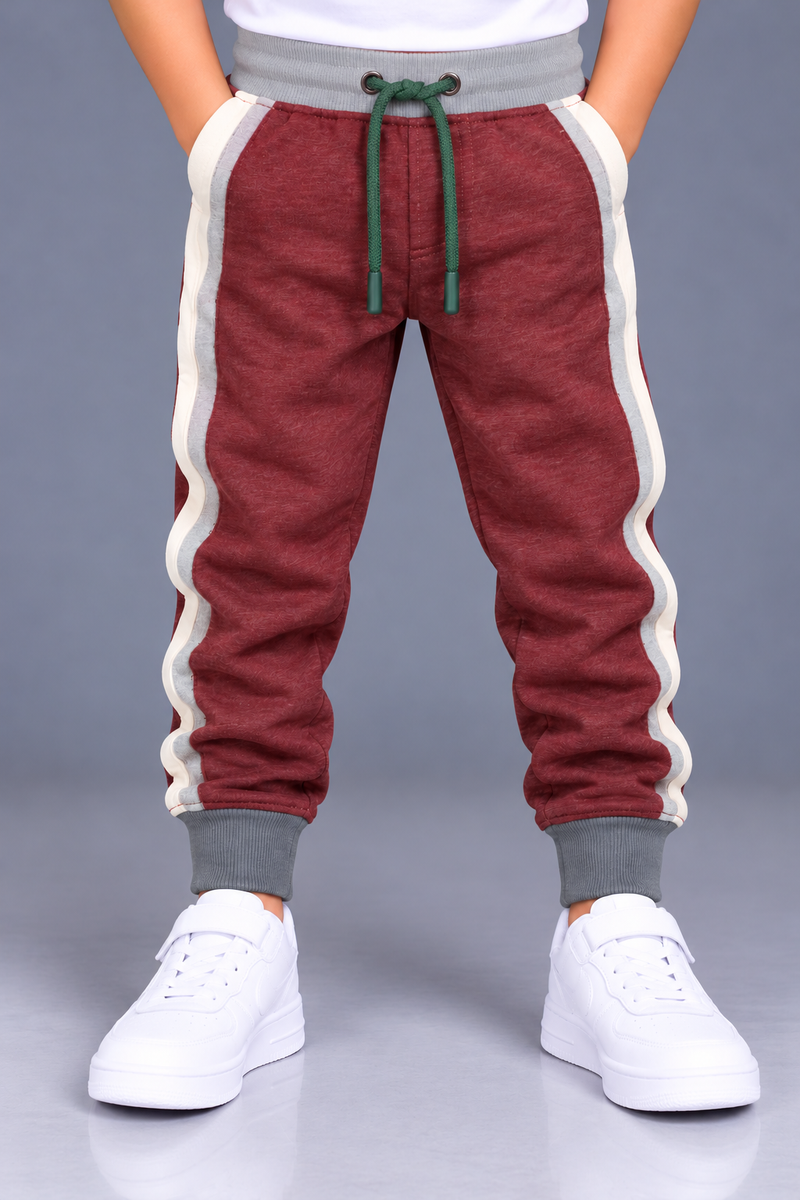 Kids Stylish Maroon Jogger Trouser with Light Grey Waistband & Side Stripes-MU117
