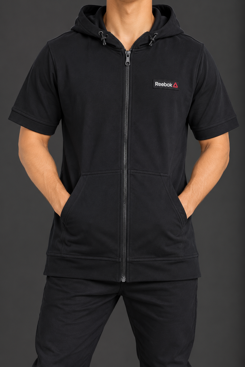 Men’s Black Half-Sleeve Zip-Up Hoodie with Hood – Reebok Style-MU470