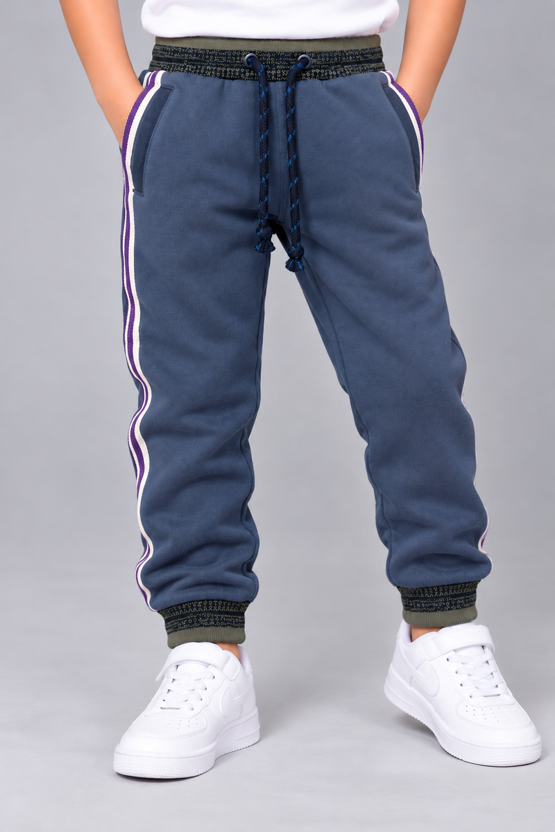 Kids Premium Fleece Jogger Trouser with Side Stripes-Slate Blue Grey-MU75